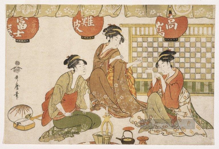 Drei sitzende Damen mit Laternen Kitagawa Utamaro Ukiyo e Bijin ga Ölgemälde